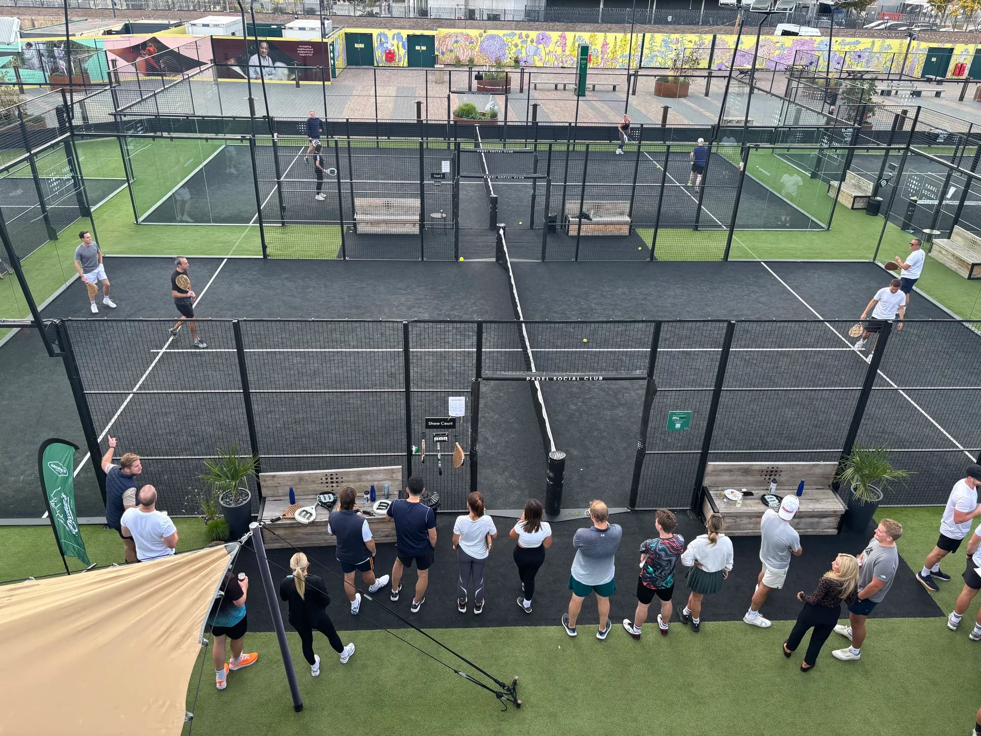 The Padel Social Club courts from above during the Gallagher Re tournament